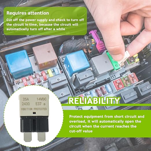 25A DC 12V-14V Auto Reset Circuit Breaker ATC/ATO Low Profile T1 Mini Blade Fuses Breakers for Car Trucks Marine Boat RV Solar and More,2 Pack