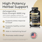Ashwagandha Supplements - ashwagandha Powder Capsules Extra Strength 6000mg with Black Pepper | Mood Support, Focus, Energy Support | Vegan Friendly, Non-GMO, USA Made