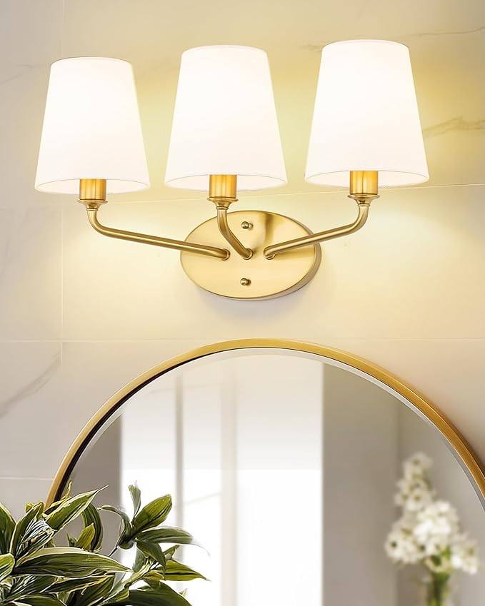 Emak 3-Light Vanity Light, Brushed Gold Bathroom Light fixtures with Flared White Fabric Shade, Modern Bathroom sconces for Mirror, Hallway, Bedroom, VL132-BGD-WF-3