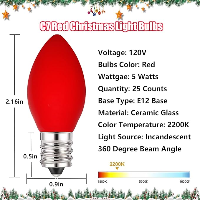 C7 Red Valentines Christmas Replacement Bulbs, 25 Pack C7 Incandescent Light Bulbs Vintage Ceramic Red Light Bulbs for Christmas String Lights Valentines Decor, E12 Candelabra Base, 5 Watts
