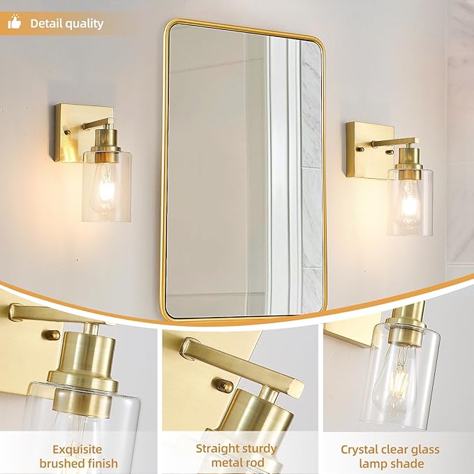 EMONG Gold Bathroom Light Fixtures,1-Lights Brushed Brass Vanity Light with Clear Glass Shade, Wall Sconces for Hallway, Farmhouse, Living Room