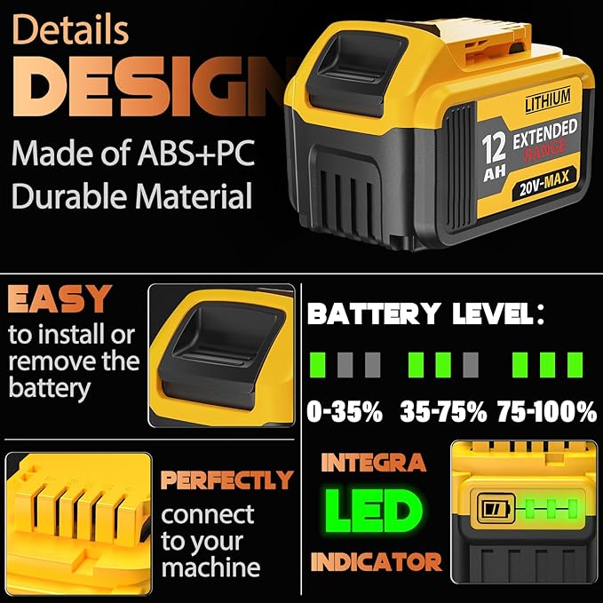 4-Pack 12000mAh Replacement for Dewalt 20V Max Battery, Lithium-Ion Long Lasting Power Compatible with Dewalt DCB203 DCB204 DCB205 DCB206 DCB207 DCD/DCF/DCG Series Cordless Tools