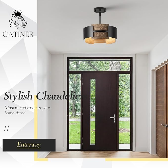 Industrial Drum Chandeliers, Modern Black Metal Pendant Lighting Walnut Wood Grain 4-Ligth Semi Flush Mount Chandelier 12" for Foyer Entryway Kitchen Hallway Dining Room