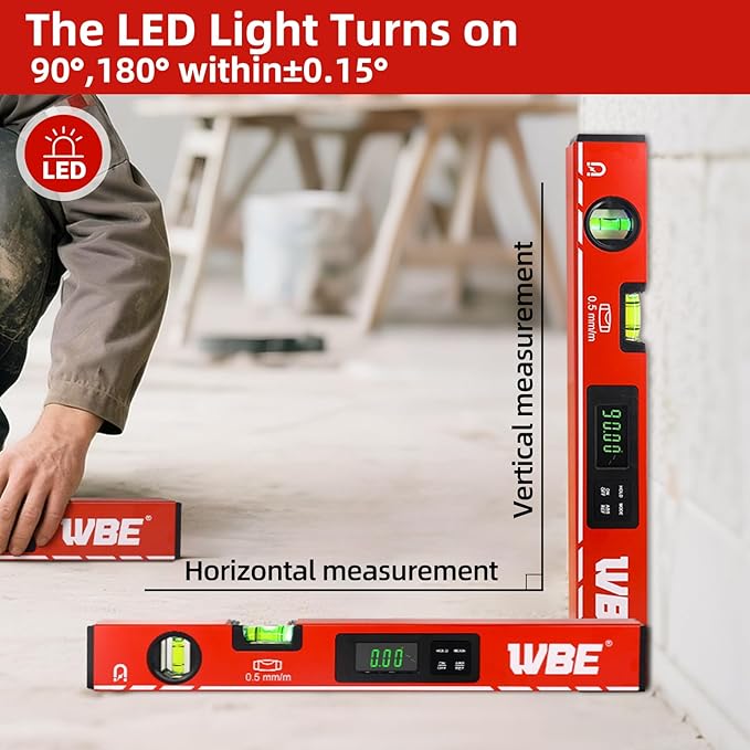 WBE 4-Piece Torpedo-Level Set with Magnetic, Digital-Leveler with LCD Display, 4.7", 16", 20", 40" Aluminum Alloy Spirit Level-Set with Carrying Bag, Bubble Vials Ruler for 45/90/180 Degree.