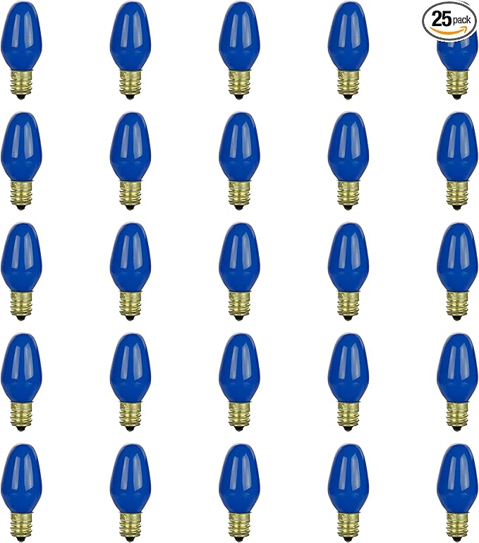 Sunlite 01255 7C7 Incandescent Bulb, 7 Watt, Candelabra E12 Base, C7 Small Night Light, Colored Bulb, Blue, 25 Count