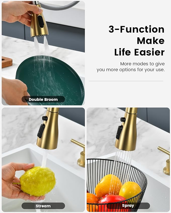 APPASO 4 Hole Kitchen Faucet, Gold Two Handle Kitchen Faucets with Sprayer, Modern High Arc 3 Hole Kitchen Faucet with Pull Down Sprayer，3 Modes Stainless Steel Kitchen Sink Faucet