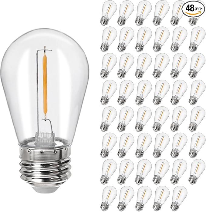 48Pack S14 LED Replacement Light Bulbs E26 Screw Base Shatterproof Edison Bulbs for Outdoor String Lights 120V 1W Dimmable Light Bulbs Equal to 11W for Patio Decor, 2700K Warm White
