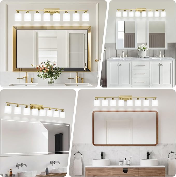 8 Light Bathroom Light Fixtures Gold for Big Mirror, Brushed Gold Vanity Lights for Bathroom with Milky White Frosted Glass Shades, 51 inch Wall Sconce for Mirrors Living Room Bedroom