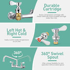 Wall Mount Commercial Sink Faucet with 8" Swivel Spout, 8" Center Wall Mount Kitchen Faucet, Dual Handles Brass Utility Sink Faucet for Laundry Room Restaurant