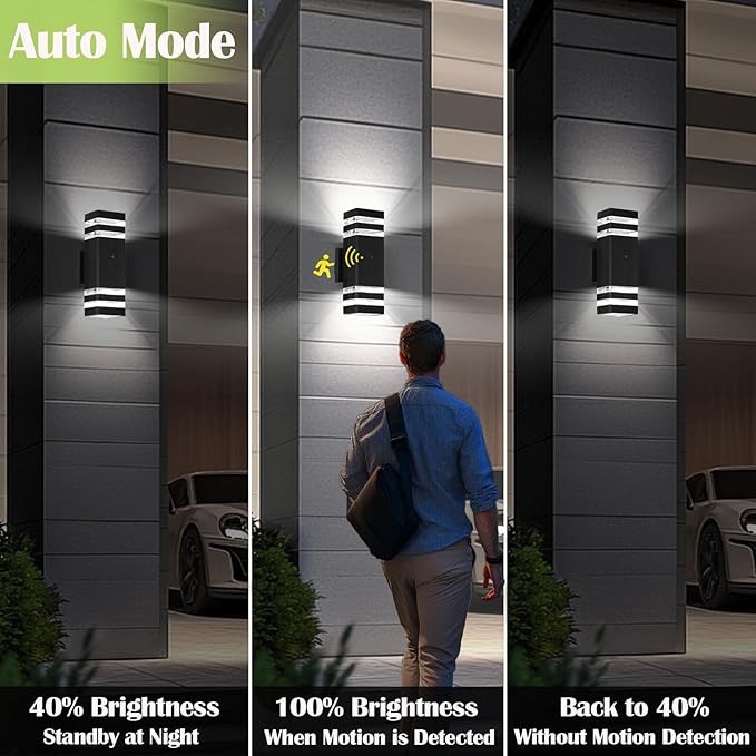 2 Pack Motion Sensor Dawn to Dusk Outdoor Light Fixture, Black Aluminum Exterior Lighting Fixtures with GU10 LED Bulbs, Up and Down Lights Outdoor Sconce Lights for Garage Porch Garden, ETL Listed