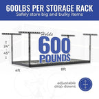 SafeRacks Overhead Storage Rack, Heavy Duty 600 lb Capacity, Adjustable Garage Ceiling Mount Hammertone 24"-45" 2 Pack