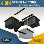 Koova Heavy-Duty Overhead Garage Storage Rack for 4 Bins. Adjustable Width, 160lb Capacity. DIY Safe Ceiling Mount, Easy Install. Fits 27-Gallon Totes. USA Made Pro-Grade Steel. Space Saving Organizer