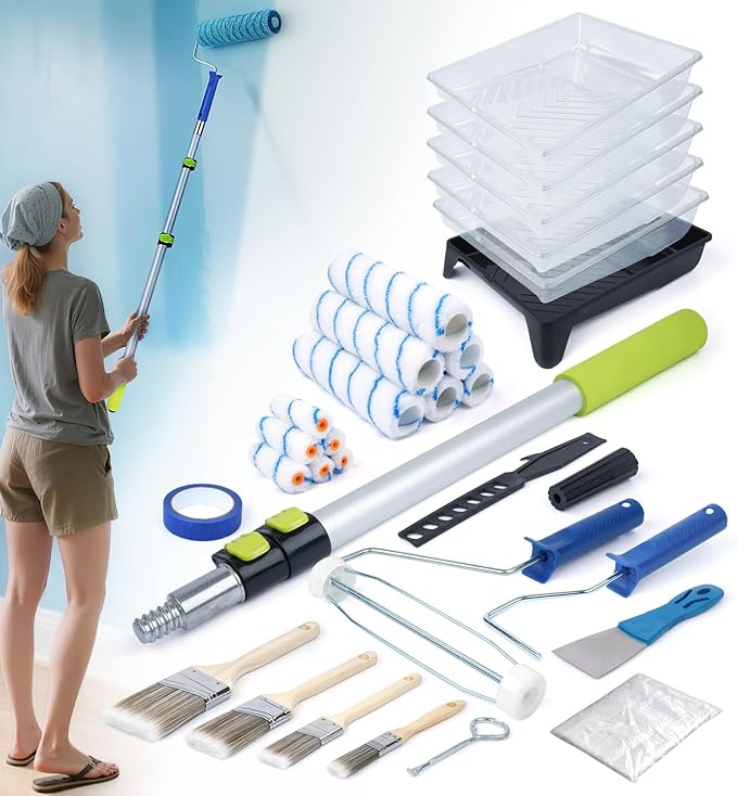 Paint Roller Kit with Extension Pole 2 to 4FT, All-in-One Wall Painting Tools Kit Paint Rollers Cover and Paint Roller Frame, Paint Brushes Set for House Painting - 30 Piece Sets