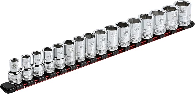 ARES 70203-1/2-Inch Drive Red Aluminum Socket Organizer - Store up to 16 Sockets and Keep Your Tool Box Organized - Sockets Will Not Fall Off this Rail