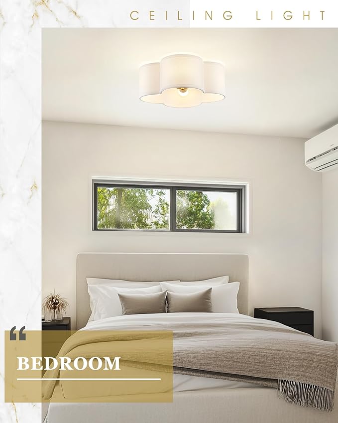 Gold Flush Mount Ceiling Light, 4-Light 14Inch Light Fixtures Ceiling Mount with Fabric Shade in Quatrefoil Shape, Brass Lighting for Nursery Hallway Bedroom Kitchen, AD-22007-4C-GD