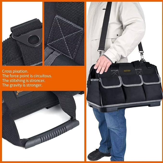 FASTECH 22-inch Wide Mouth Tool Bag with Water Proof Molded Base, Waterproof Tool Organizer Bag for Men with Adjustable Shoulder Strap (22INCH)