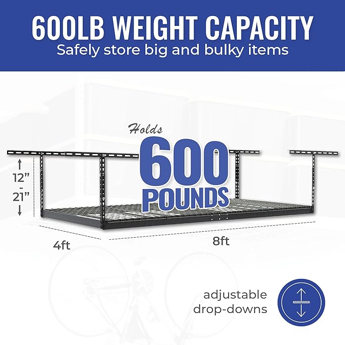 SafeRacks Overhead Garage Storage Rack - Heavy Duty Racks for Garage with 600 lb Capacity, Easy Storage, Adjustable Storage Rack, Ceiling Mount Storage 4x8 Hammertone (12"-24")