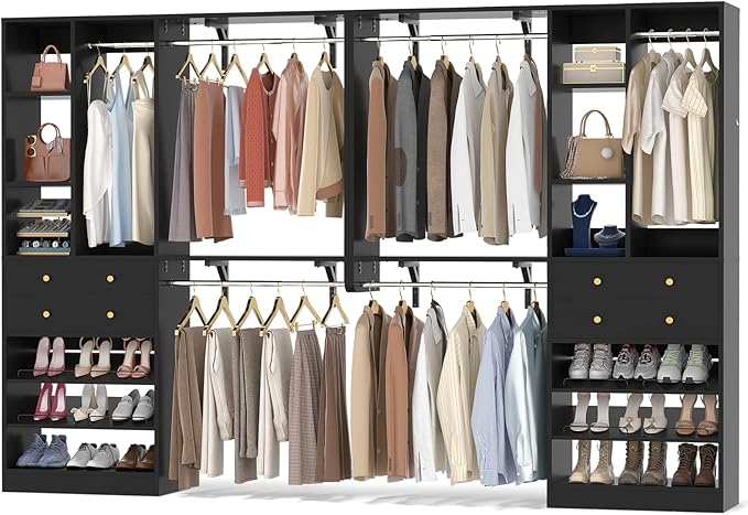 10FT Closet System with 4 Drawers, 120" Closet Organizer System with 6 Hanging Robs & Reversible Hanging Shelving, Closet Systems for Walk-in Closets, Load 2000+LBS, Black 2 Pack