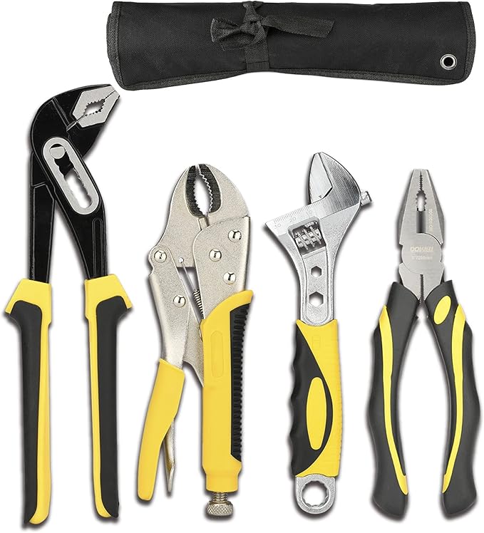 DOWELL 4-Piece Pliers Set - 8 & 10-Inch Combination, Locking & Groove Joint Pliers, Adjustable Wrench, Tool Pouch