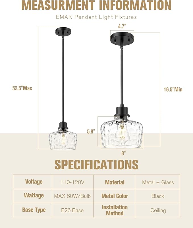 Emak 8 Inch Pendant Lights Kitchen Island, Black Pendant Light Fixtures with Hammered Glass Shade, Modern Farmhouse Island Lights for Kitchen, PL122-BK-HG