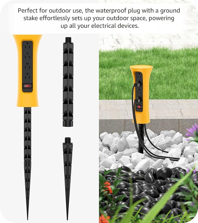 CCCEI Outdoor Power Strip Weatherproof with Stake, Waterproof Extension Cord with Multiple Outlets, Christmas Exterior Garden Decor, Yard, Camping, 4 Plugs, Surge Protector 15FT, Yellow.