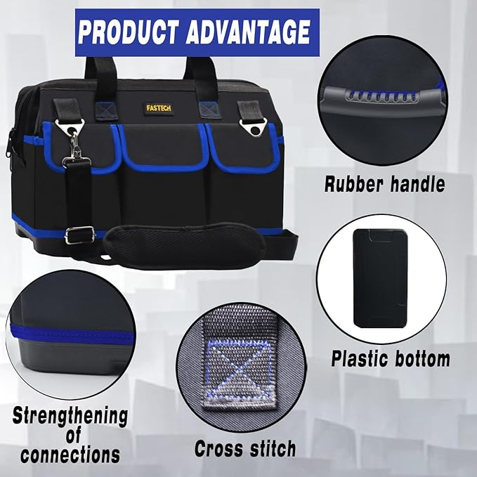 FASTECH 20 Inch Tool Bag, Waterproof Wide Mouth Tool Kit, Heavy Duty Tool Bag Organizer With Shoulder Straps and Molded Base, Tool Storage Package For Screwdrivers, Pliers, Nut Drivers (Blue20IN)