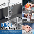 21" Height Commercial Sink Faucet Deck Mount with Pre-Rinse Sprayer, Commercial Kitchen Faucet with 8" Add-on Swing Spout Faucet & Spring Pull Down Sprayer, 8" Adjustable Center Kitchen Faucet