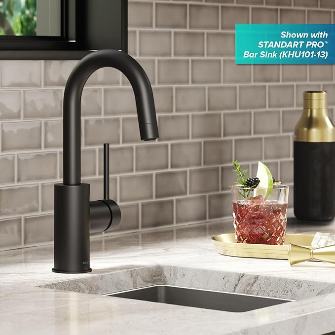 KRAUS Oletto Single Handle Kitchen Bar Faucet with QuickDock Top Mount Installation Assembly in Matte Black, KPF-2600MB