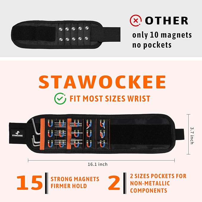 Magnetic Wristband for Tools Gifts, Tools Belt with 15 Powerful Magnets for Holding Screws Nail, Cool Gadgets Gifts for Men, Dad, Husband, Birthday and Christmas, Perfect Stocking Stuffers