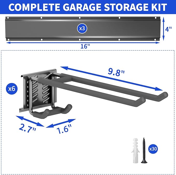 Garage Tool Organizer Wall Mount, 48inch Heavy Duty Garden Tool organizer Storage System, Easy Install With 6 Adjustable Bilayer Hooks, For Garage, Basement, Shed, Workshop(Black)