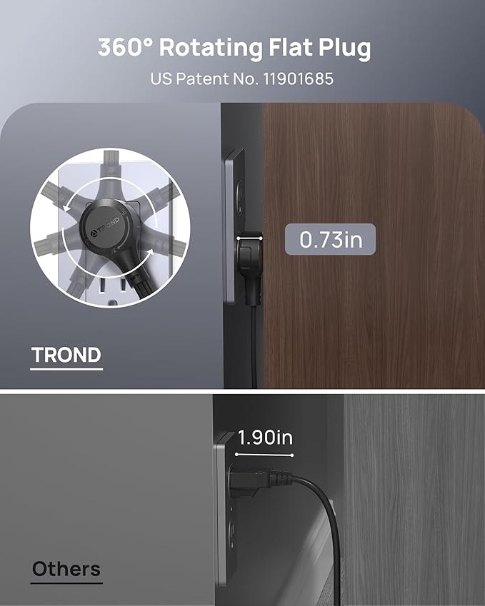 TROND 360° Rotating Flat Plug Outlet Extender with 6 Inch Extension Cord, Small Surge Protector Outlet, 900 Joules, No Blocking 3 Way Plug for Indoor Home Office Travel Dorm Room Tight Spaces, Black