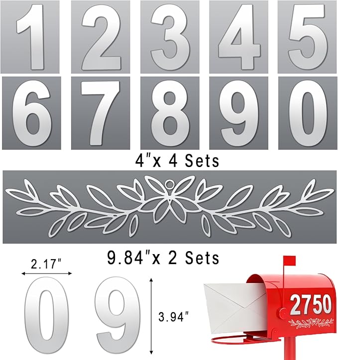 Reflective Mailbox Numbers 4 Inch (0-9) for Outside House Address Number Stickers for Mail Box White Self-Adhesive Stickers-Waterproof and UV Resistant Signs, Door, Address Farmhouse Decor(6 Sets)