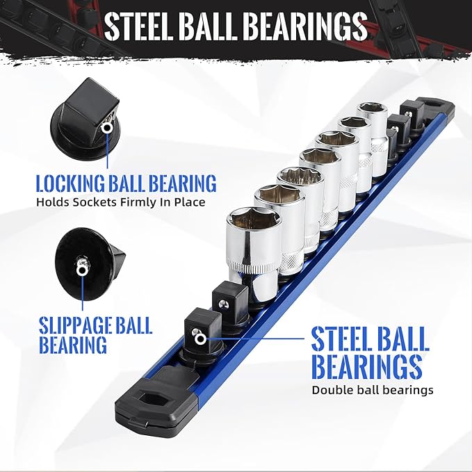 Magnetic Socket Organizer, 9-Piece Heavty Duty Aluminum Socket Holder, Socket Rail for Tool Box, Premium Quality 360° Swivel Socket Rack Kit with 120 Clips for 1/2, 3/8, 1/4-Inch(Multi)