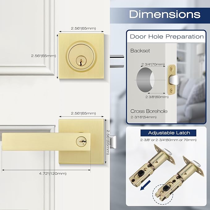 EHOMEWARE Door Handleset with Single Cylinder Deadbolt, Satin Brass Deadbolt, Reversible for Right and Left Side Single Keyed Square Deadbolt Lock Set