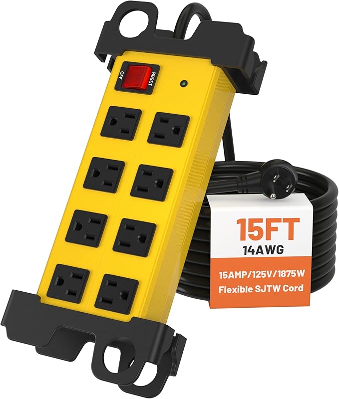 Heavy Duty Power Strip 8 Outlets - Surge Protector 2700J with 15FT Long Extension Cord, Industrial Metal Powerstrip 15Amp, Wall Mount Plug for Garage Workshop Outdoor Home Office, Wide Spaced (15ft)