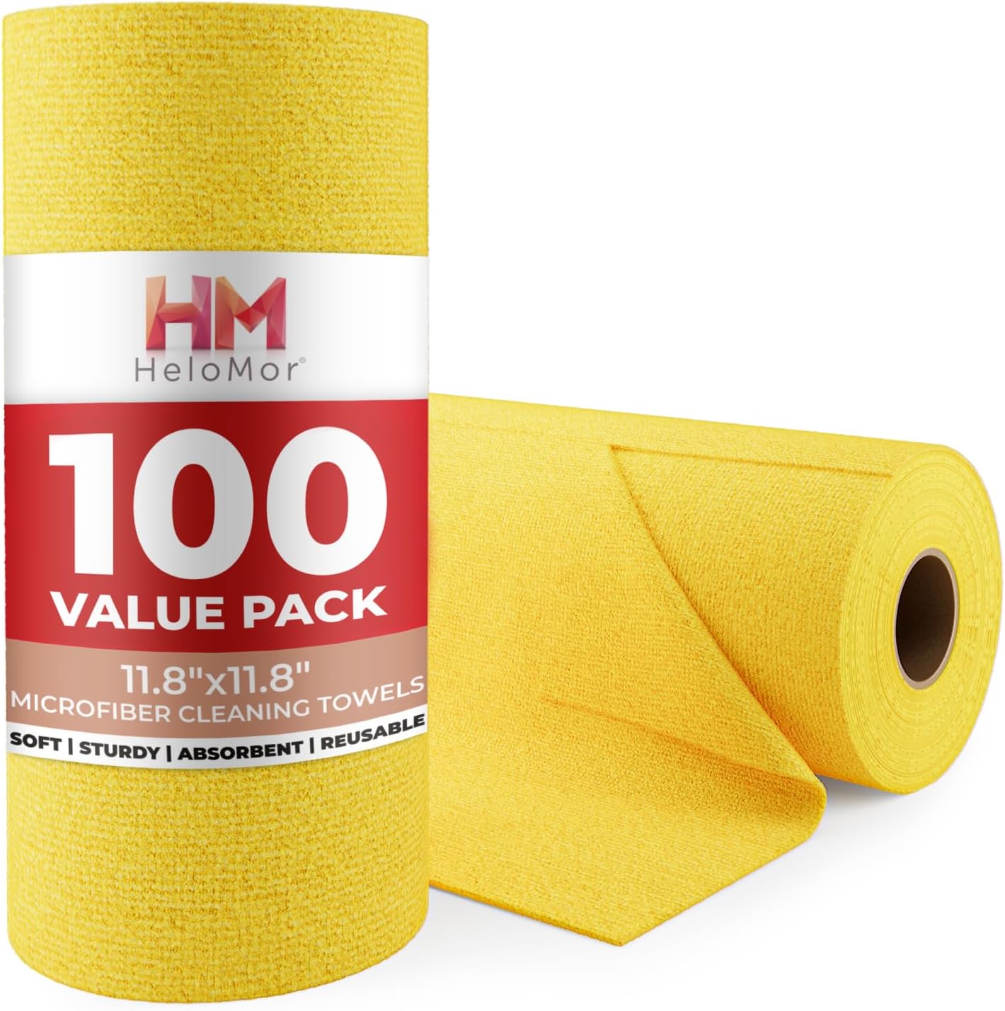 HELOMOR 100 Pack Microfiber Cleaning Cloth Roll - Tear Away Reusable Paper Towels Washable, 11.8" Ultra Absorbent Cleaning Supplies for Housekeeping, Rags Microfiber Towel, Lint Free Cloth Value Pack