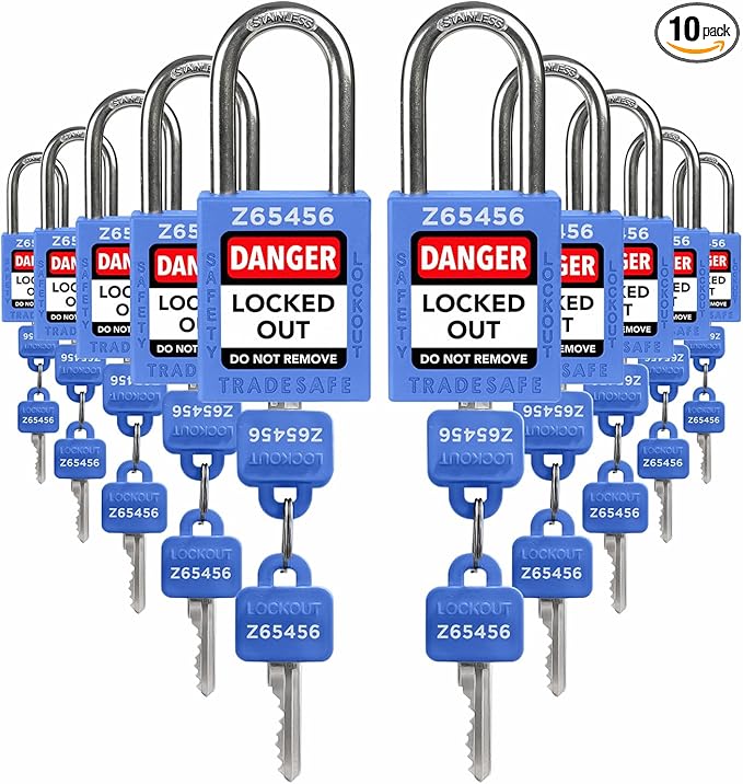 TRADESAFE Lockout Tagout Locks Set - 10 Blue Keyed Alike Padlocks, 2 Keys Per Lock, OSHA Compliant Loto Locks