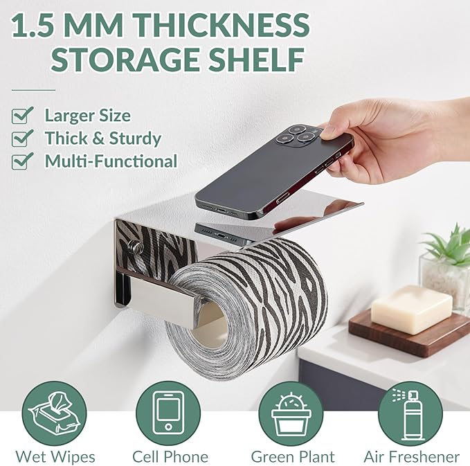 Toilet Paper Holder with Phone Shelf Polished Chrome, APLusee Bathroom Accessories 304 Stainless Steel Tissue Roll Dispenser Storage Wall Mounted