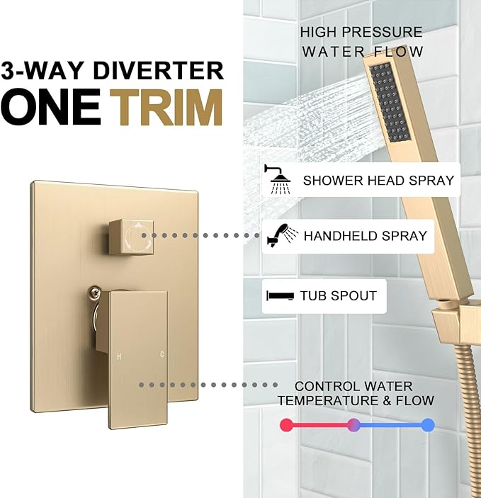 Lava Odoro Modern 3-Setting Square Shower and Tub Faucet Set with Shower Head and Handheld Sprayer Gold, Rainfall Shower System with Tub Spout, Shower Valve Trim Kit, Champagne Gold, SF103-SG-T