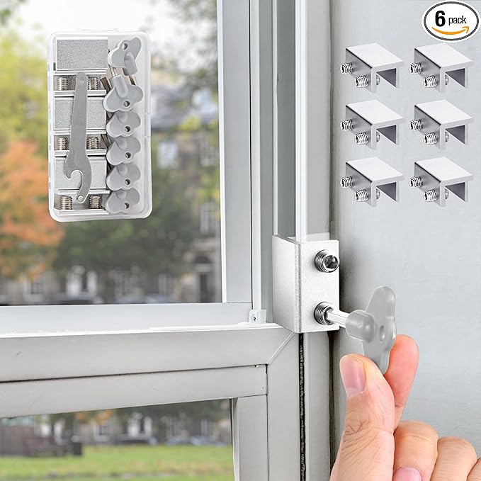 6 Sets Sliding Window Locks With Key - Up and Down, Vertical & Horizontal Security Locks - Easy to Install Adjustable Aluminum Stopper Lock (Silver)