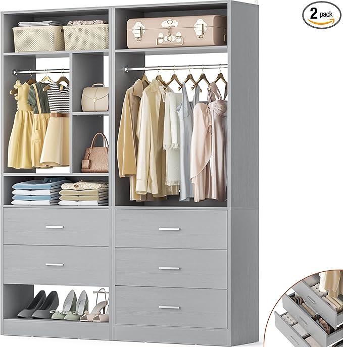 4FT Closet Systems with 5 Wood Drawers, 48 Inch Closet Organizer System with 2 Hanging Rods & 7 Shelves, Heavy Duty 48" Walk-in Closet, Grey (48"L x 15" W x 80" H)
