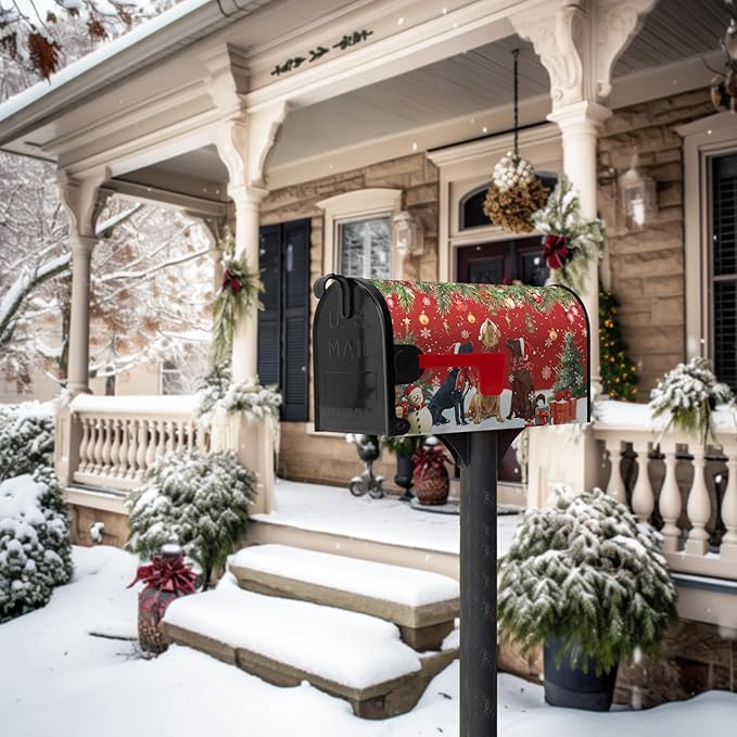 Christmas Retriever Dog Tree Magnetic Mailbox Cover Large Size 25.5 X 21 Winter Covers Snowman Red Green Xmas Holiday Oversized Mailbox Letter Box Wraps Covers for Outside Garden Yard Outdoor