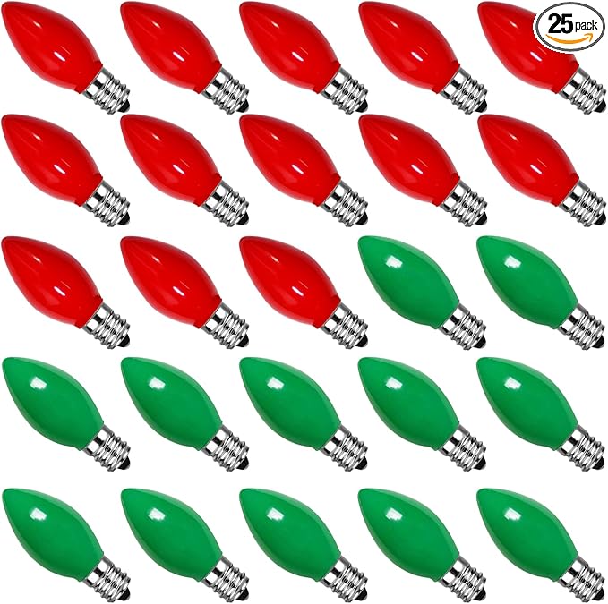 25 Pack C7 Red and Green Christmas Lights Replacement Ceramic Bulbs, Red Green Christmas Lights C7 Bulbs for Christmass Day, Party and Wedding Decorations, E12 Candelabra Base, 5 Watts