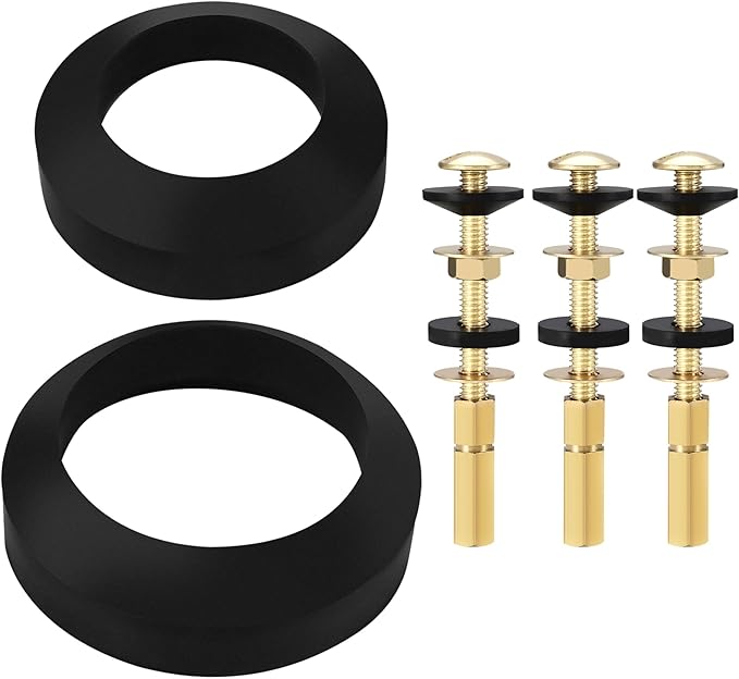 Universal Toilet Tank to Bowl Bolt & Gasket Replacement Kit – Toilet Tank Repair Kit Includes 2" and 3" Rubber Seal Gaskets, Extra-Long Brass Plated Bolts, Washers, Nuts, Fits Most 2-Piece Toilets