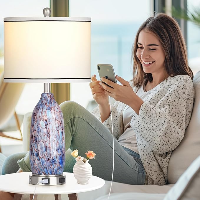 Coastal Lamps with USB A+C Ports & LED Night Light, Unique Seashells Glass Table Lamps with Natural Fabric Shade, Modern Touch Control Beach Bedside Lamp for Living Room Bedroom Nightstand Navy Blue