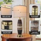 Terpsichore 3 Way Dimmable Farmhouse Table Lamps Bedroom Touch Bedside Lamp Modern Glazed Ceramic Lamp 2 Set with Fabric Shade,USB Type-C Port for Bedroom,Reading,Desk,Living Room,Office