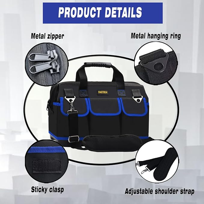 FASTECH 22 Inch Tool Bag, Waterproof Wide Mouth Tool Kit, Heavy Duty Tool Bag Organizer With Shoulder Straps, Tool Storage Package For Men/Women (Blue22IN)