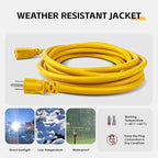 12 Ft Outdoor Extension Cord - 12/3 SJTW Heavy Duty Yellow Extension Cable with 3 Prong Grounded Plug - Power Cord for Lawn, Garden, Appliances