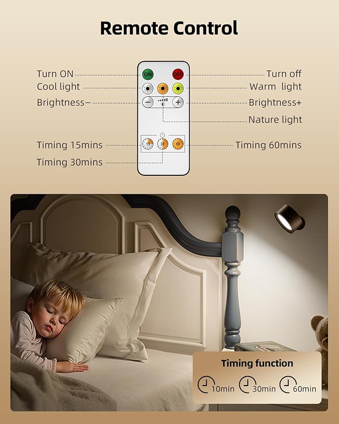 LED Wall Mounted Lights, Rechargeable Wall Sconces with Remote & Touch Control, 3 Color Temperatures 360° Rotation Dimmable Cordless Wall Light for Bedroom Study Reading Bedside (Black, 3 Pack)