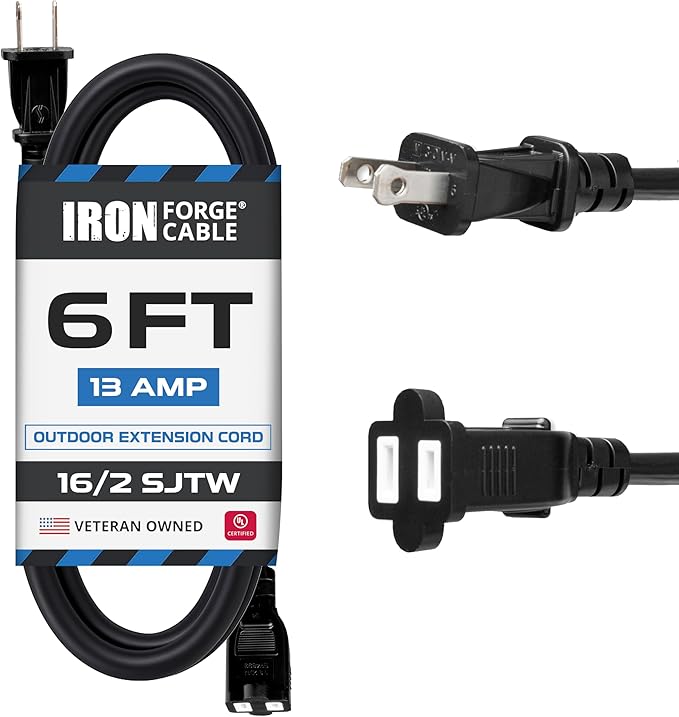 Iron Forge Cable 6 ft Black Extension Cord, 16/2, 6 Foot Extension Cord with 2 Prong Polarized Plug, Weatherproof - Great for Outdoor & Indoor Use